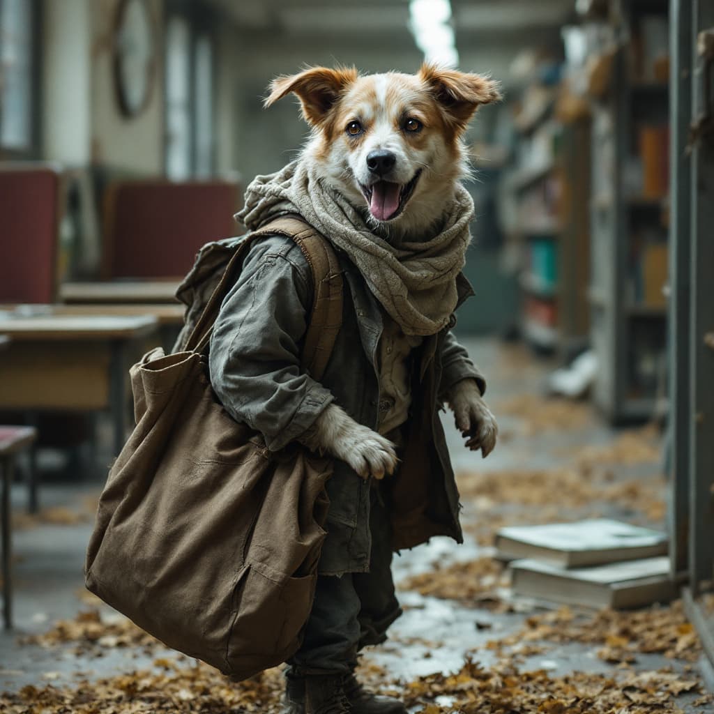 A Stray Dog in Tattered Clothes at School