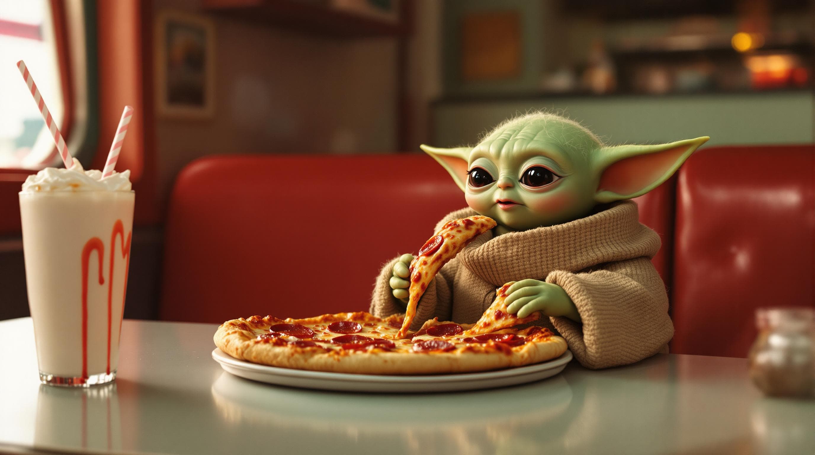 Baby Yoda Enjoying Pizza in a Retro Diner