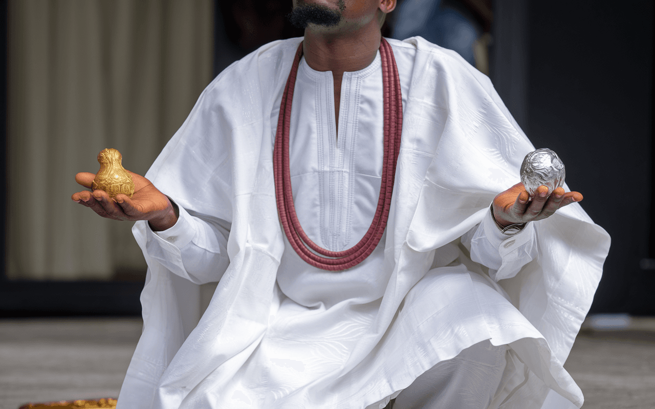 A Yoruba Man in Prayer with Gold and Silver