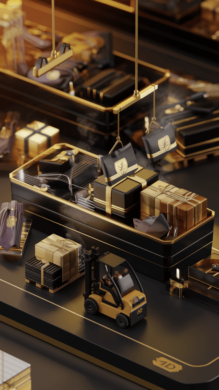 Miniature Workers Assembling a Luxurious Gift Hamper