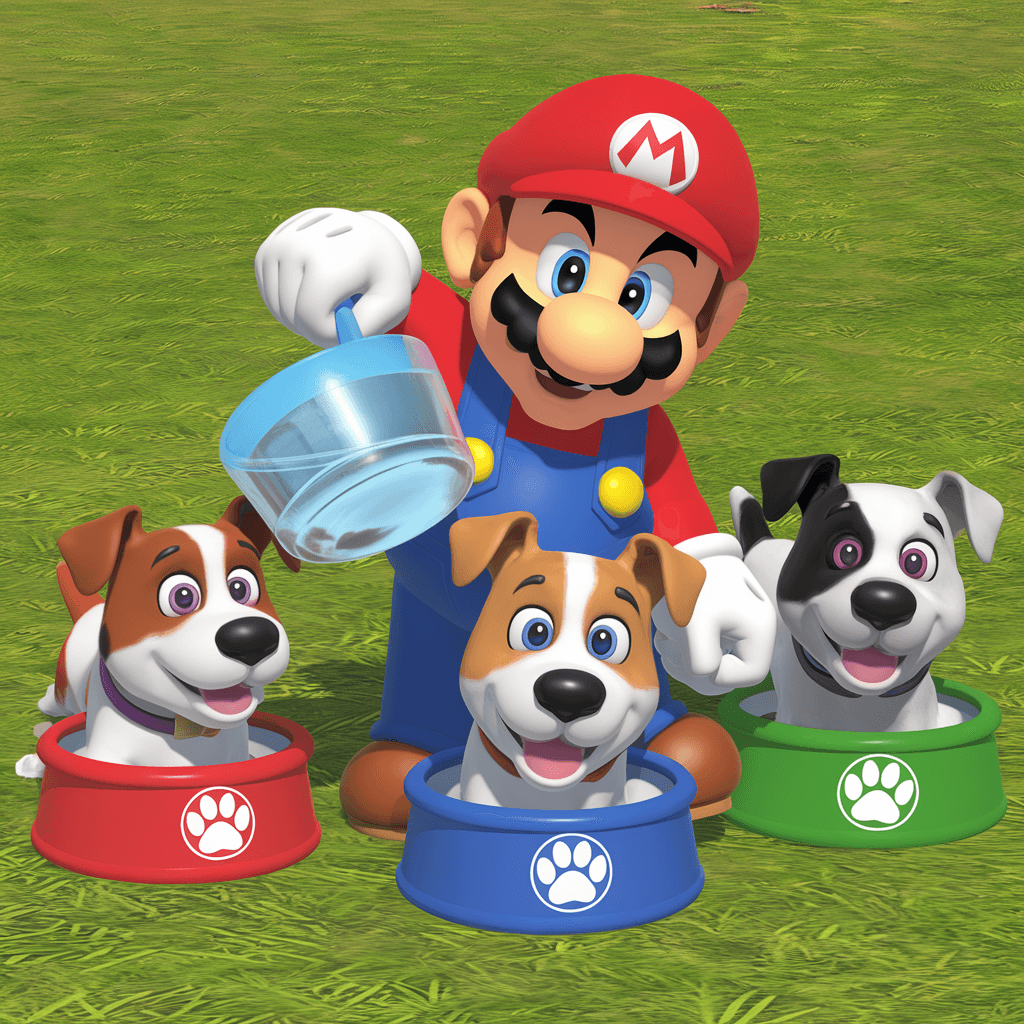 Mario Sirviendo Agua a Tres Perritos Felices