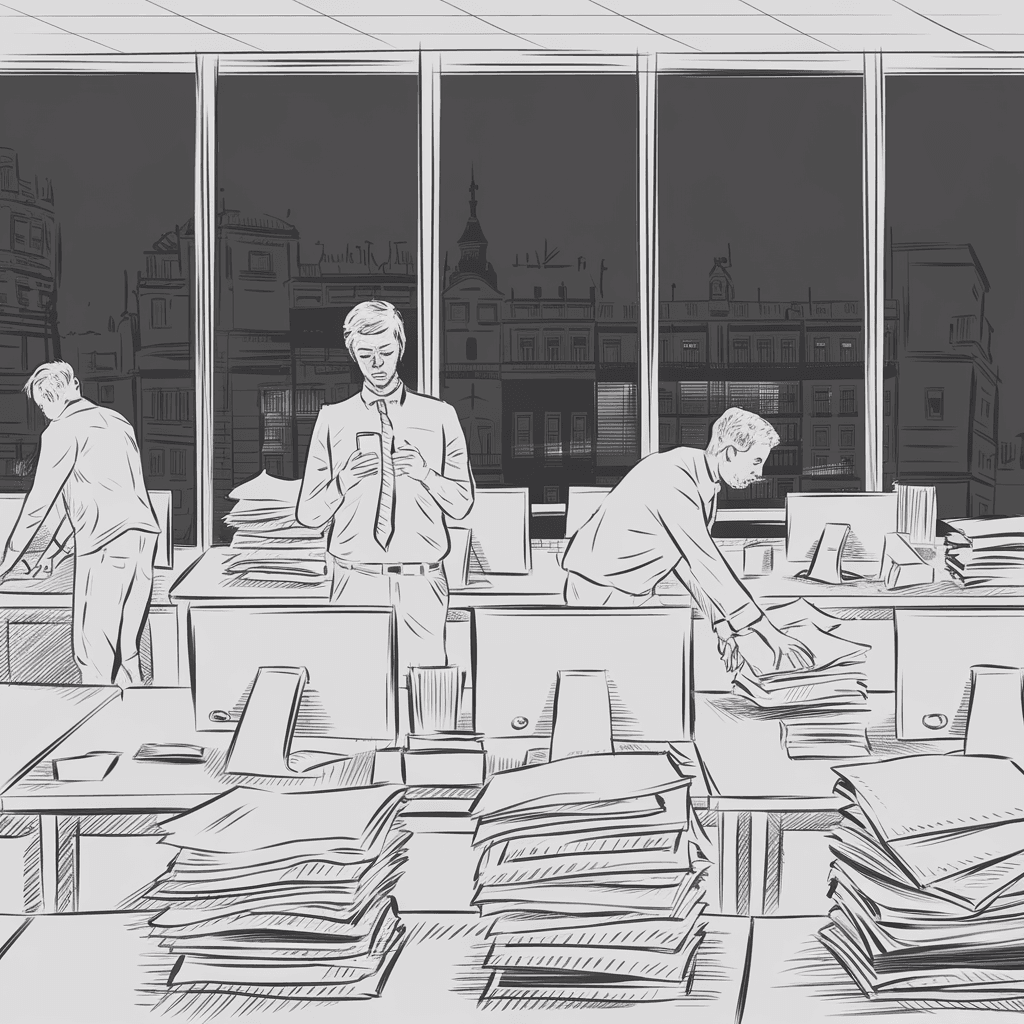 Dimly Lit Office Chaos in Madrid