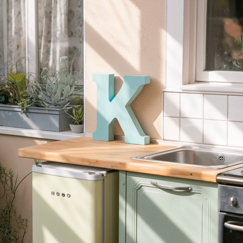 Sunny Kitchen with Pastel Blue Kettle and Natural Wood Worktop