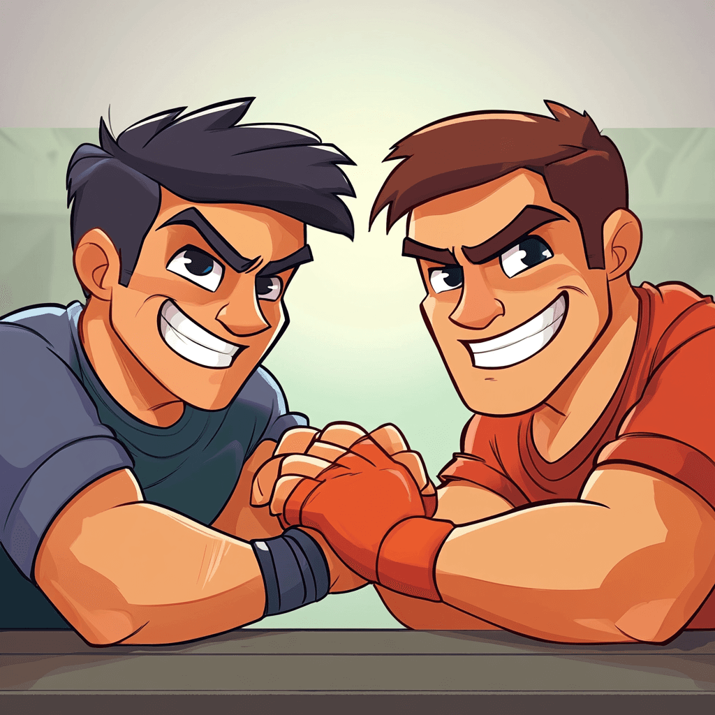 Cartoon Buff Bros Arm Wrestling with a Smirk