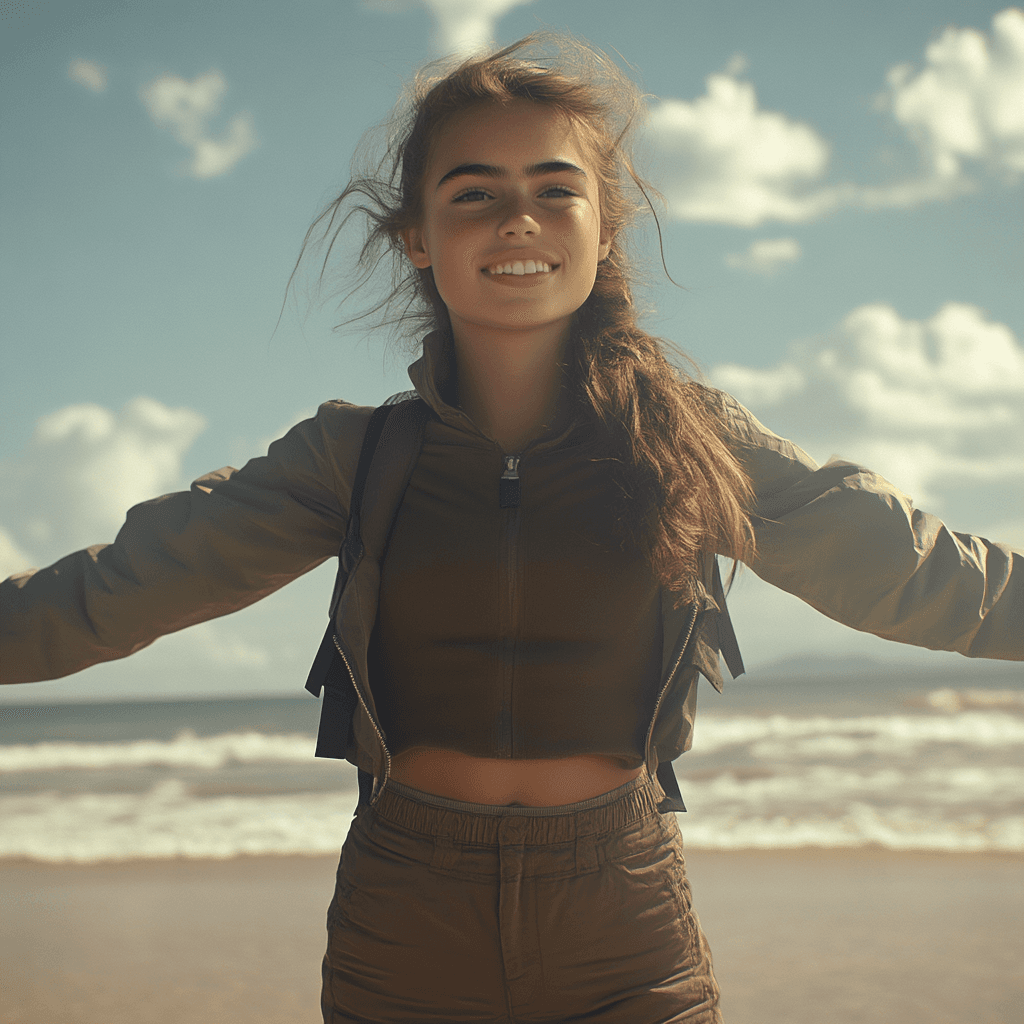 Girl Posing Joyfully on a Sunny Beach