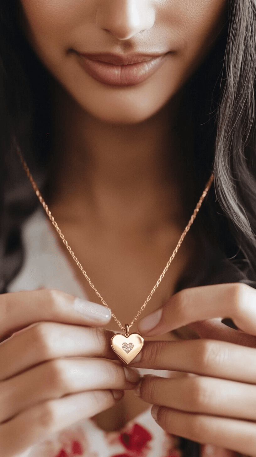 Elegant Model Showcasing a Heart-Shaped Gold Necklace