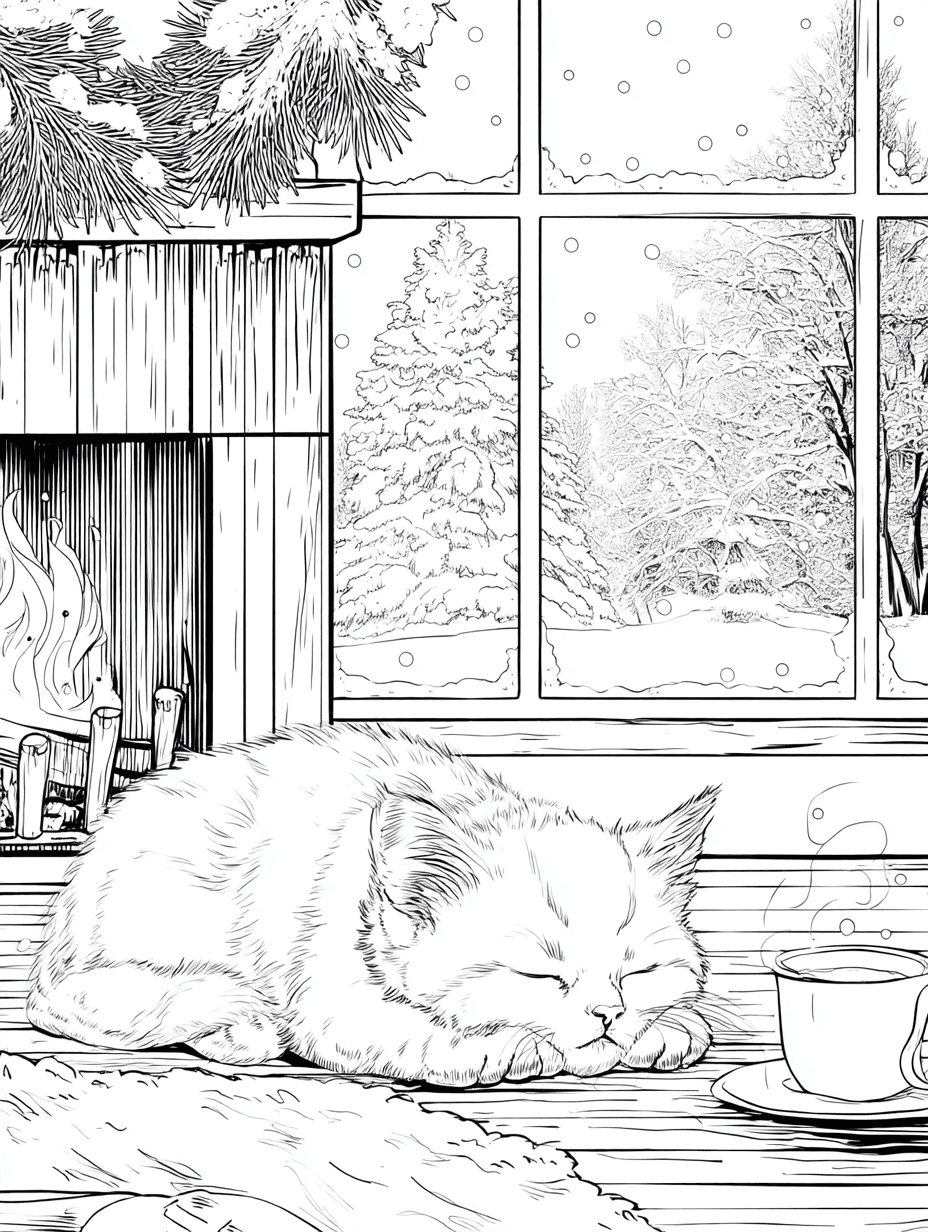 Chibi Kitten Sleeping by the Fireplace