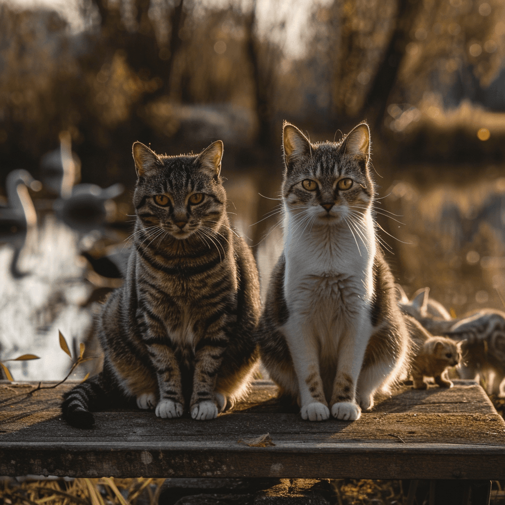 Surprised Cats by the Lake