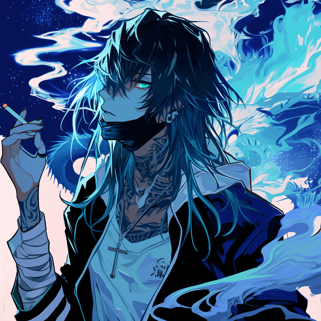 Mysterious Anime Character in Blue Smoke