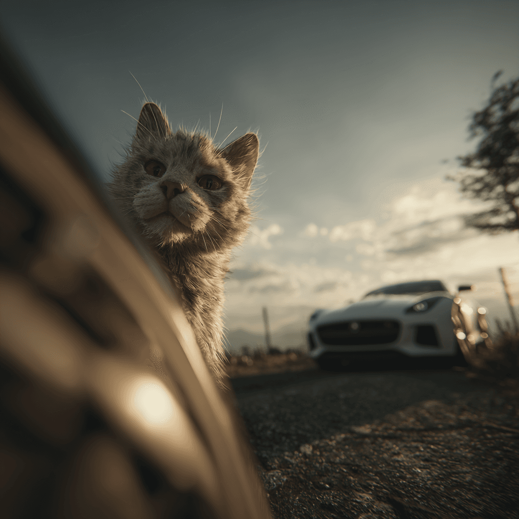 Cat Posing for a Selfie Behind a Sports Car