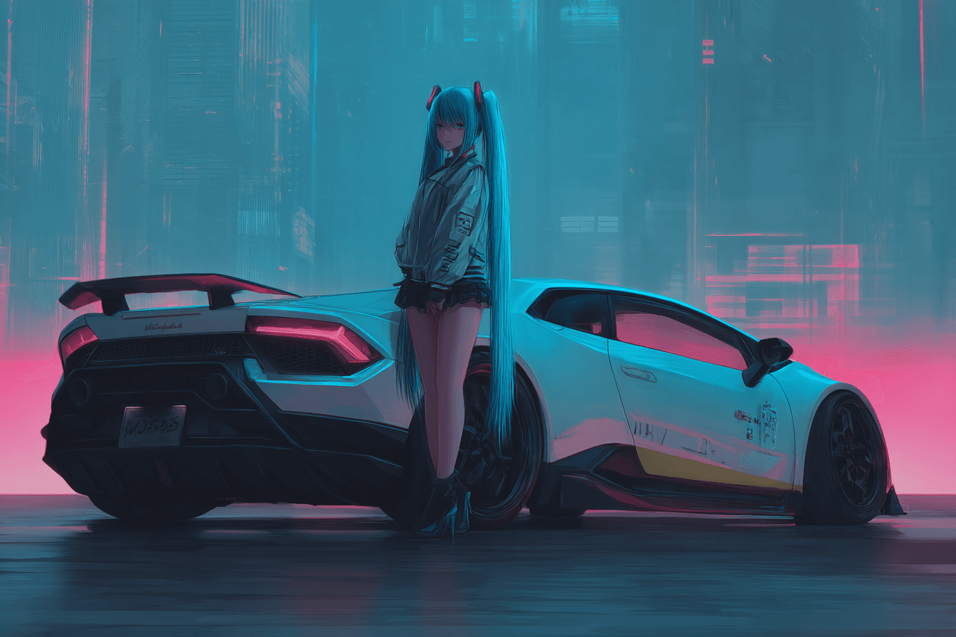 Miku Hatsune with Lamborghini in a Cyberpunk Landscape