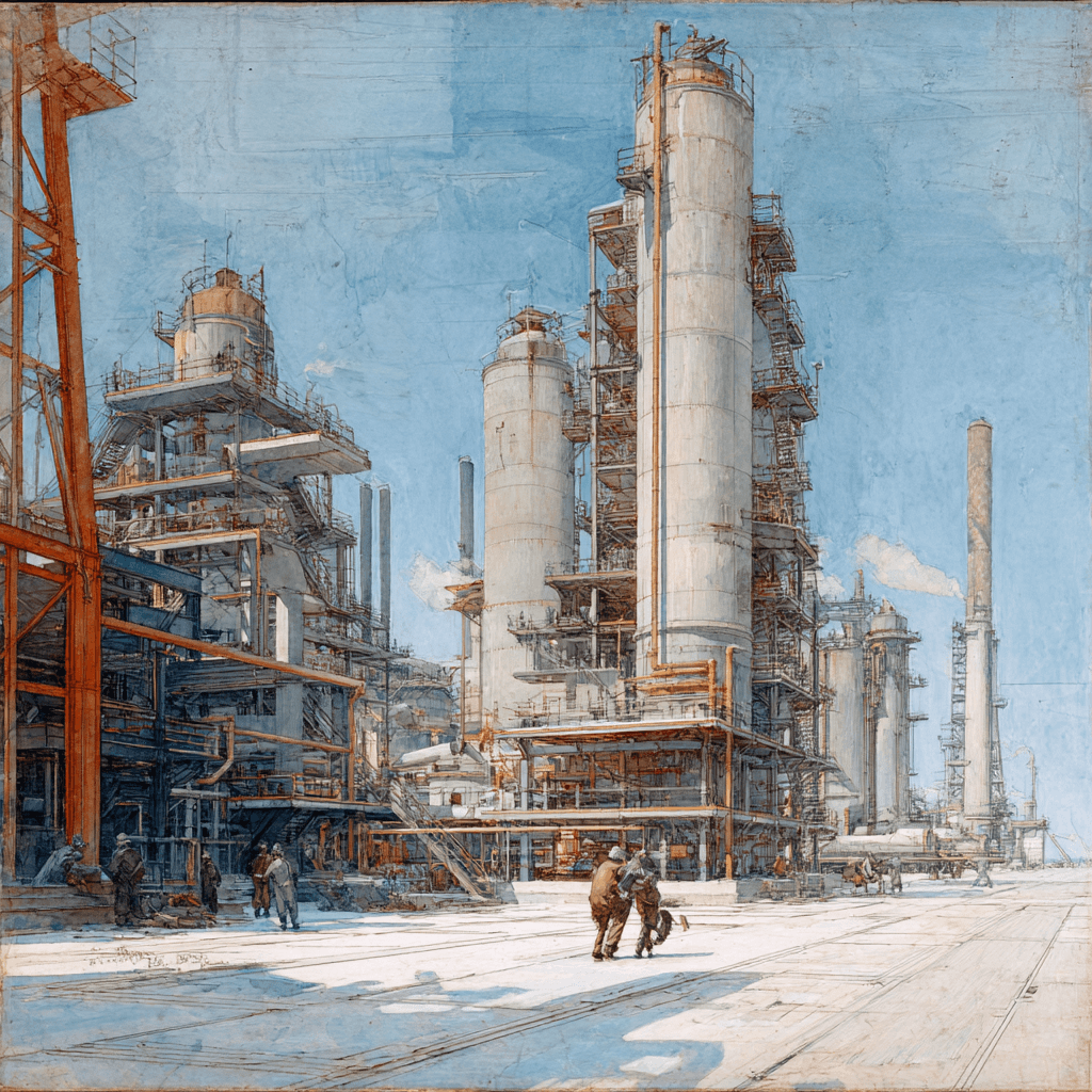 Workers Operating at a Busy Chemical Plant