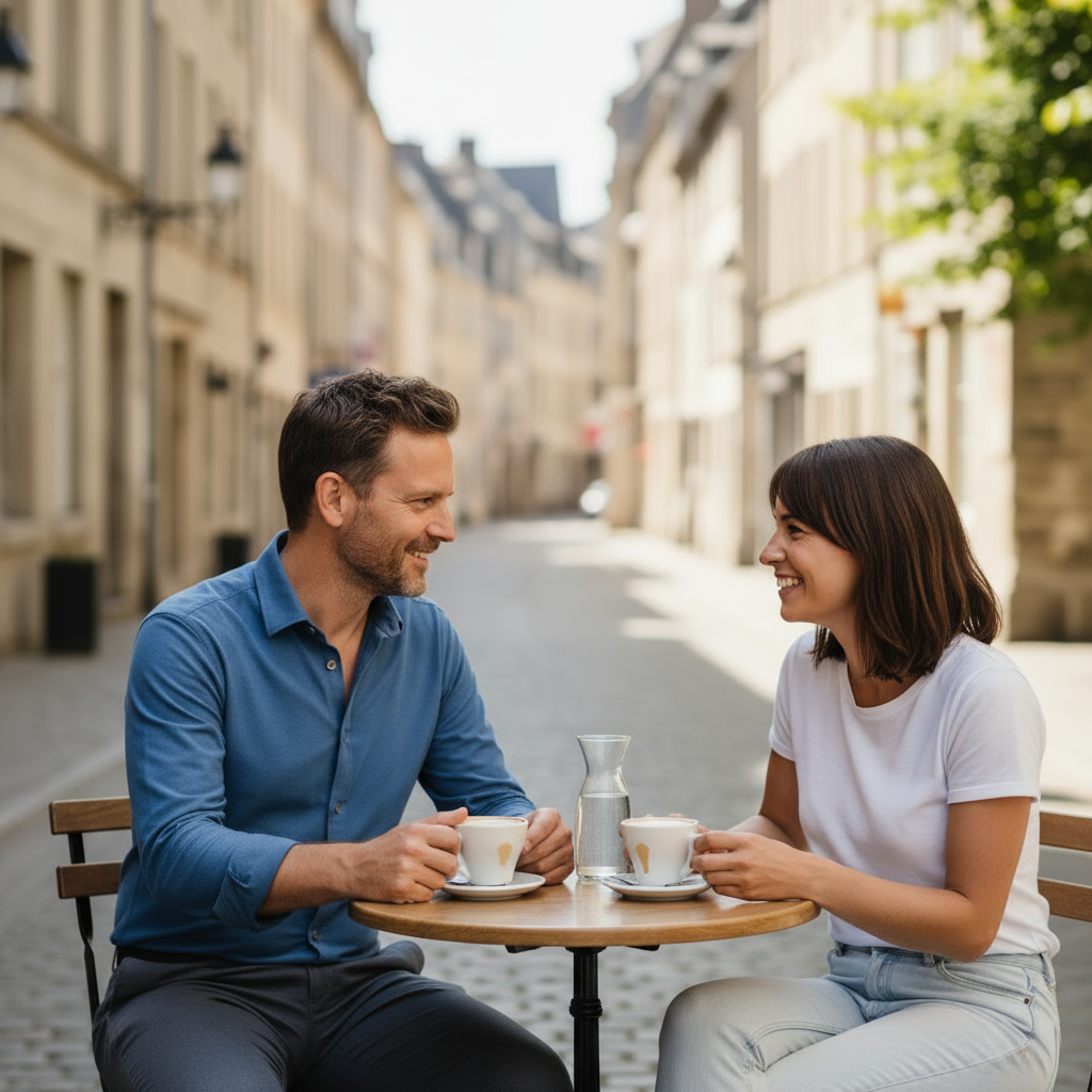 Merge two people's photos into a photo of them drinking coffee together.