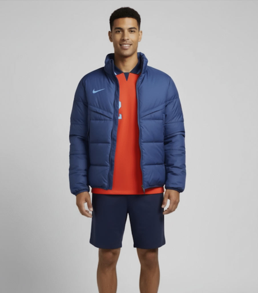 nano banana Put a blue down jacket on the model