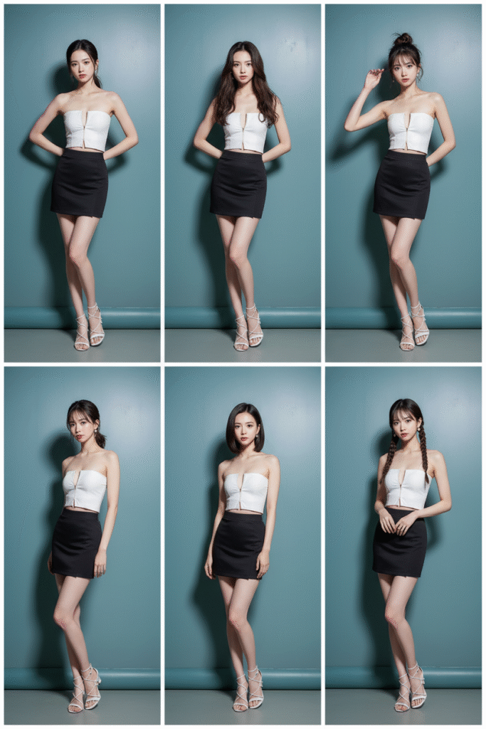 Six-shot series of the model with different hairstyles by nano banana