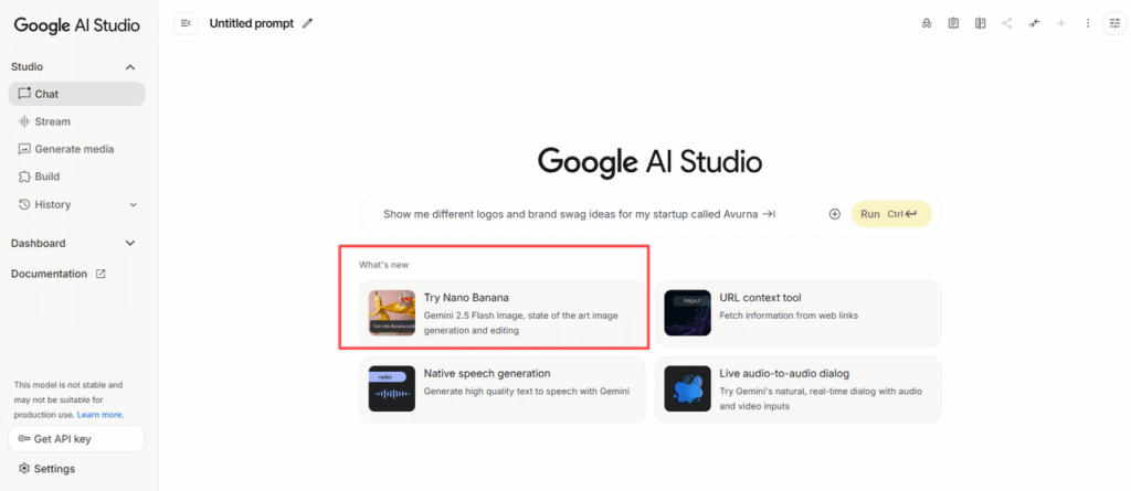 the interface of AIStudio, you can see nano banana at a glance.