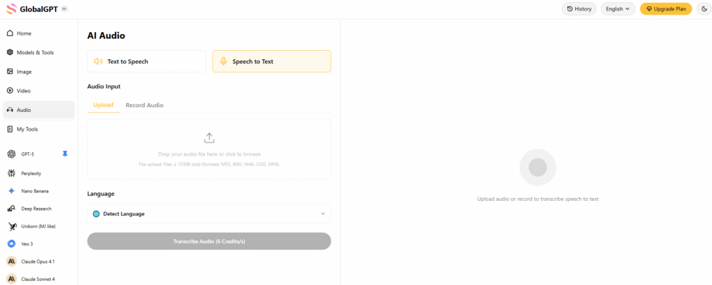 Global GPT AI Audio Tool: Online Text-to-Speech & Speech-to-Text
