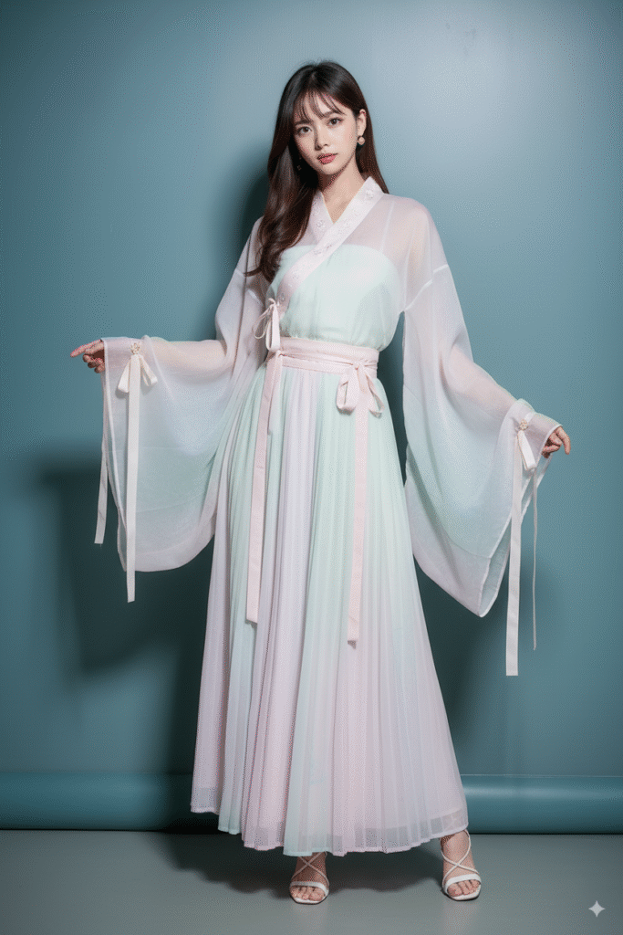 transforme the model’s clothing into Hanfu using Nano Banana.（after）