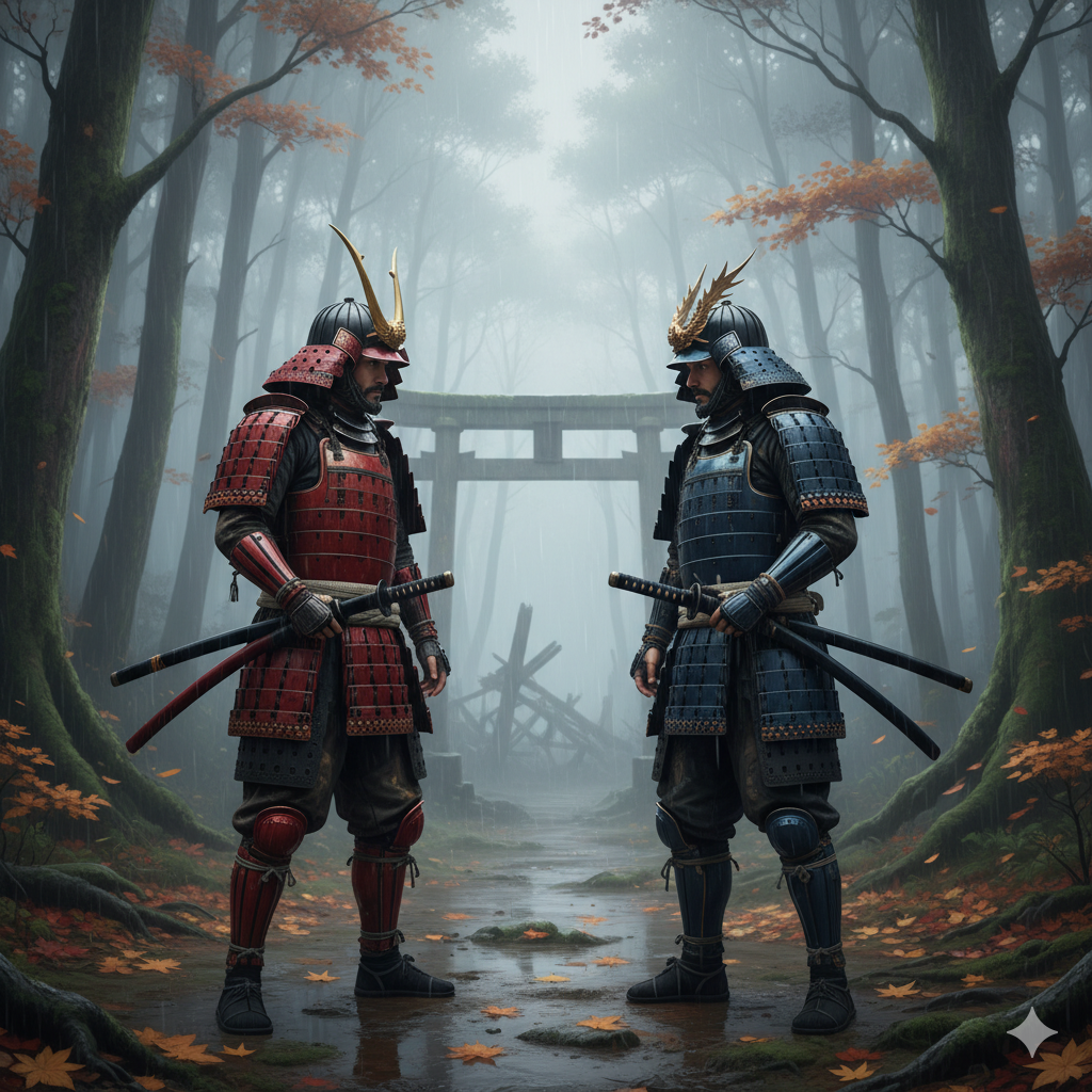 upload a image to nano banana：two samurai standing face-to-face