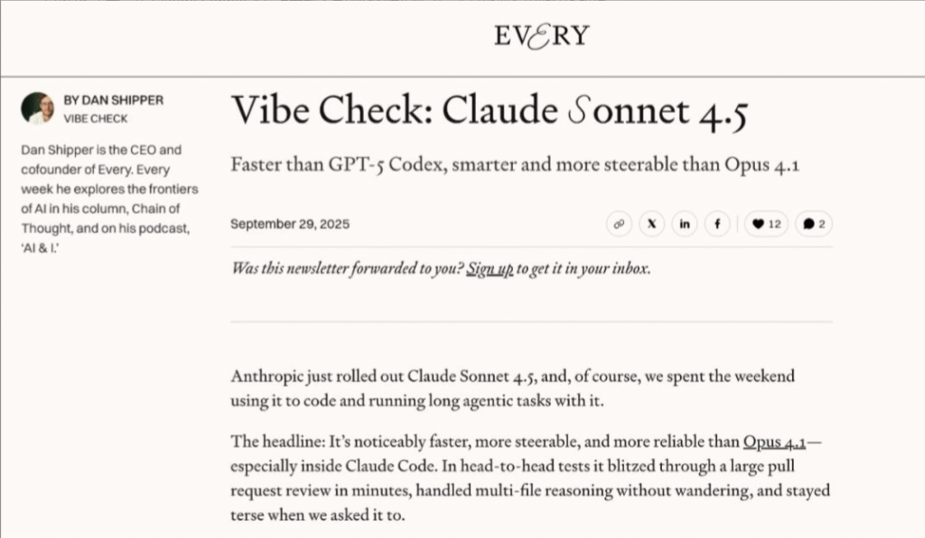 Claude 4.5 demonstrating faster performance, greater controllability, and improved stability, noted by tech blogger Dan Shipper
