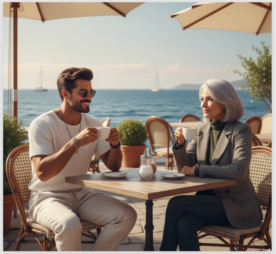 Combine the man and woman from two images into one scene, e.g., sitting together at a seaside café, enjoying coffee.