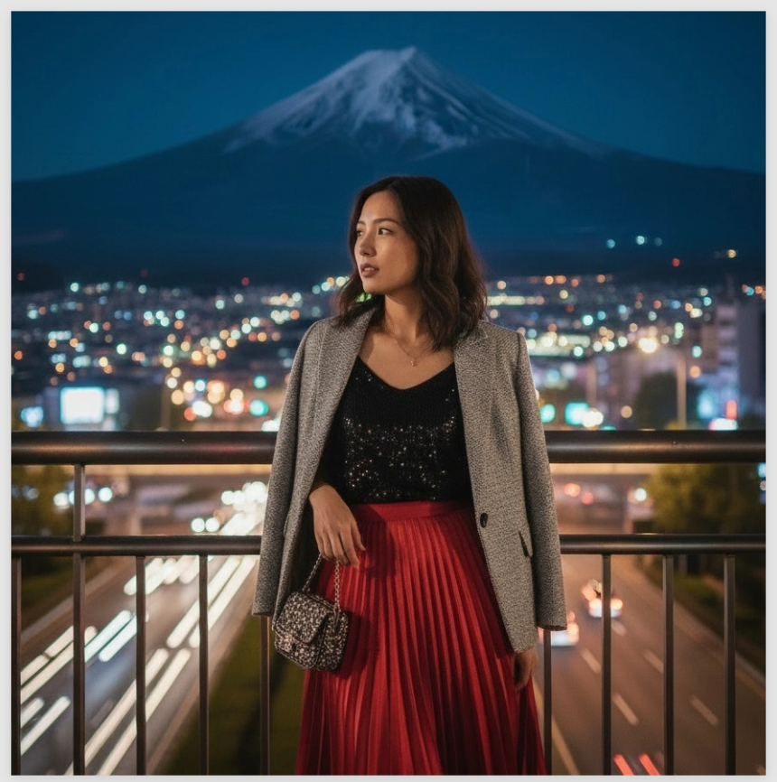 The girl’s background was replaced with Mount Fuji by Nano Banana.