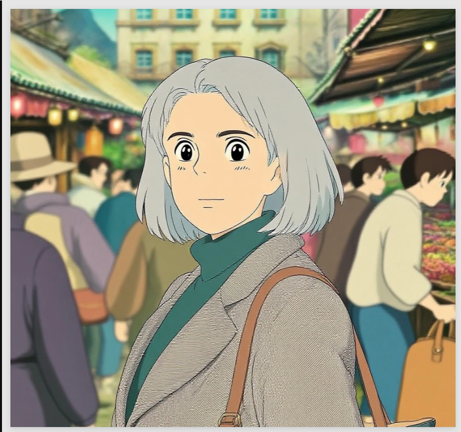 A old woman was transformed into a Ghibli-style character by Nano Banana.