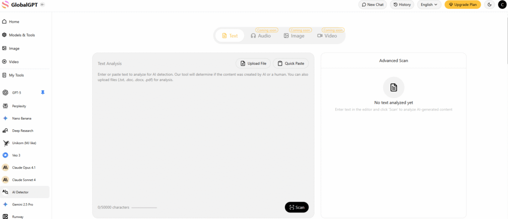 Detects AI content across text, audio, images, and video.