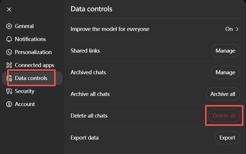 Step-by-Step Guide to Delete ChatGPT History3 Access Data Controls – Navigate to Data Controls → Delete all chats.