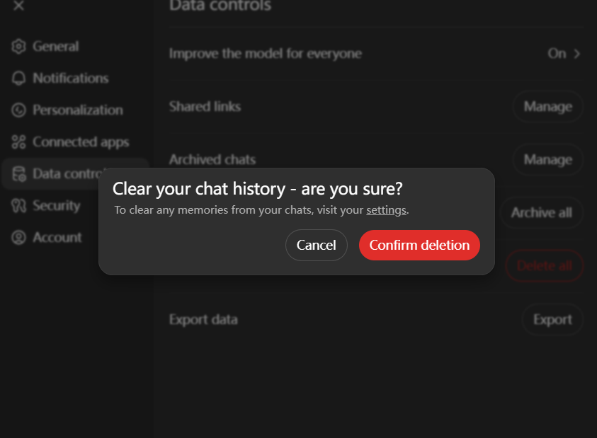 Step-by-Step Guide to Delete ChatGPT History 4 Confirm Deletion – Click Confirm to permanently remove all chat history.