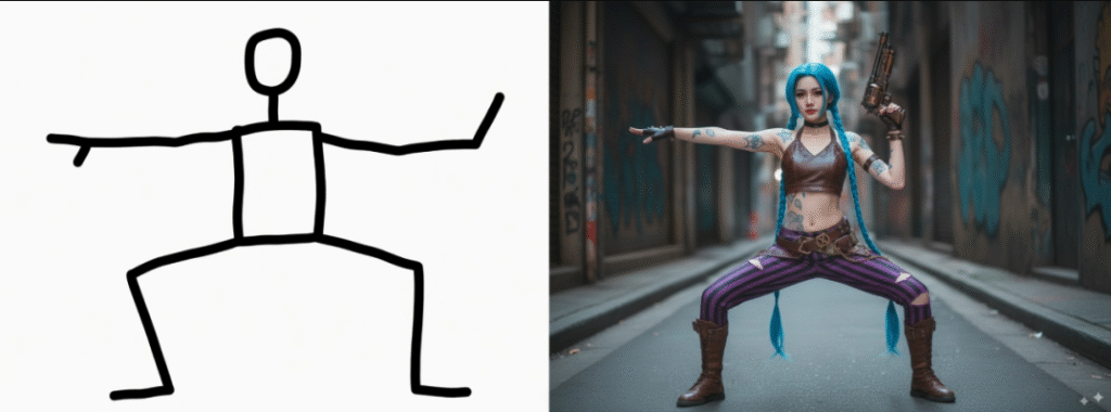 Jinx is squatting while raising both hands.(generated with Nano Banana)
