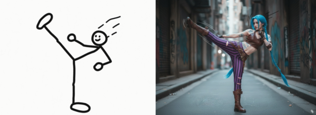 The pose of Jinx performing a high kick, generated using Nano Banana