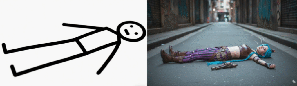 The pose of Jinx lying flat on the ground, generated using Nano Banana