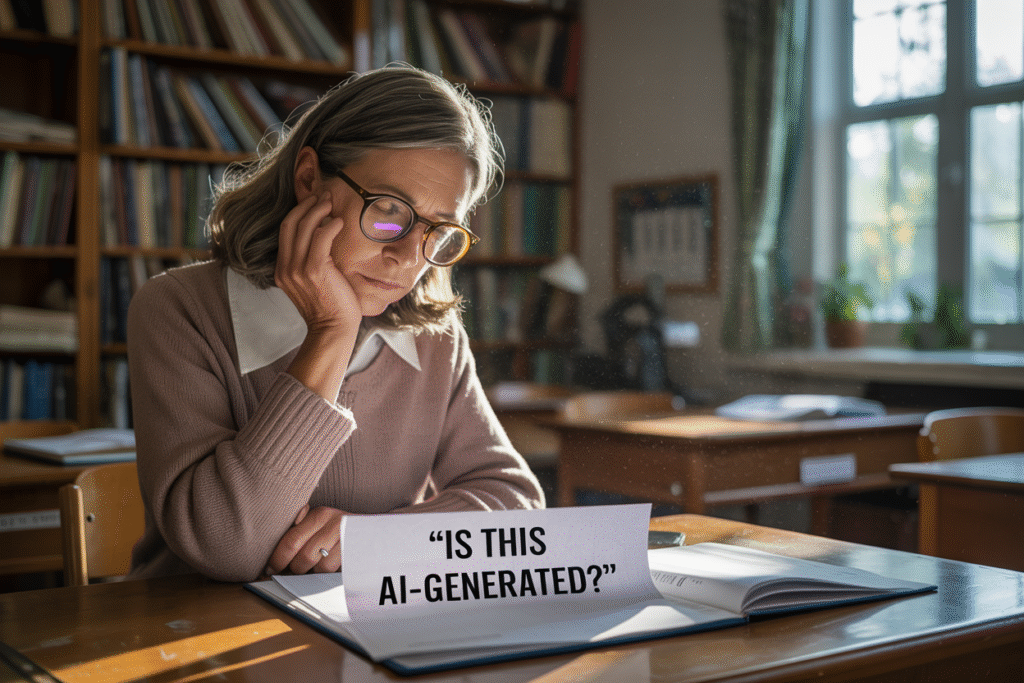 The teacher is judging whether the student's writing was produced by AI.