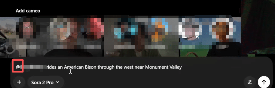 In the Sora 2 video interface, use @username to insert your Cameo
