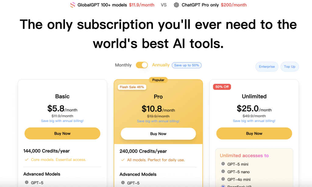 Global GPT offers over 100 models, including ChatGPT, Gemini, and Perplexity, for just $10.80/month.