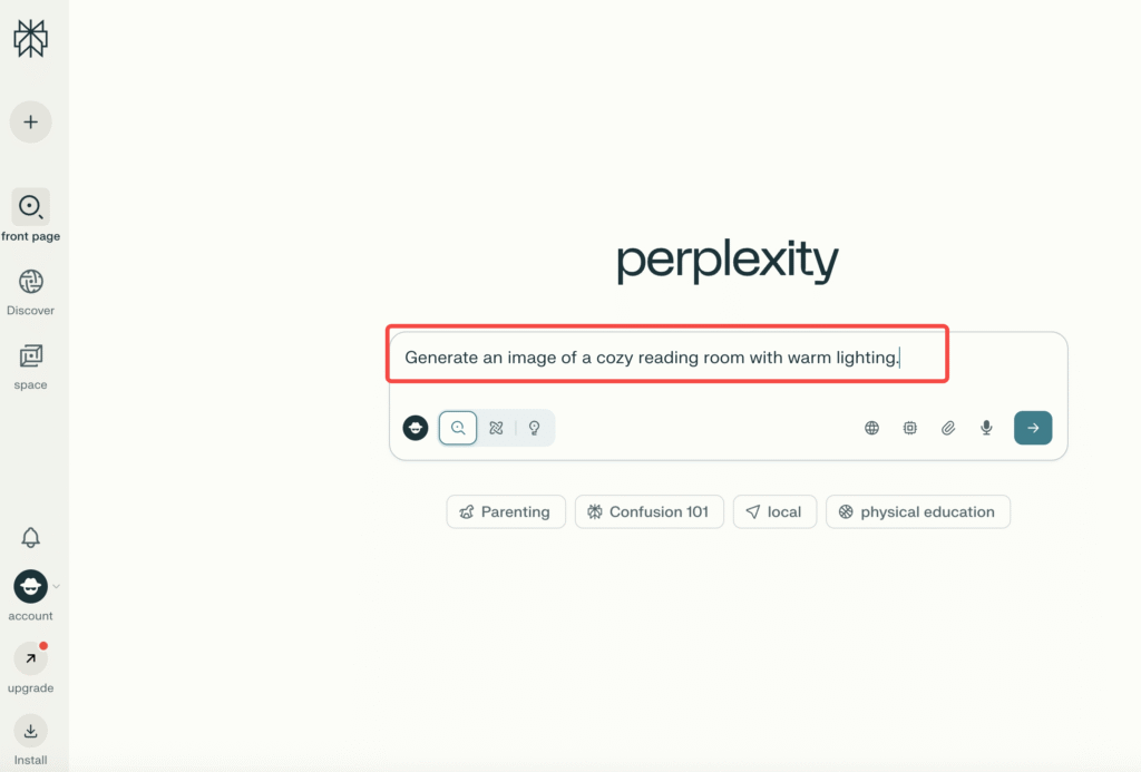 In the chat bar, type a command like:“Generate an image of a cozy reading room with warm lighting.”