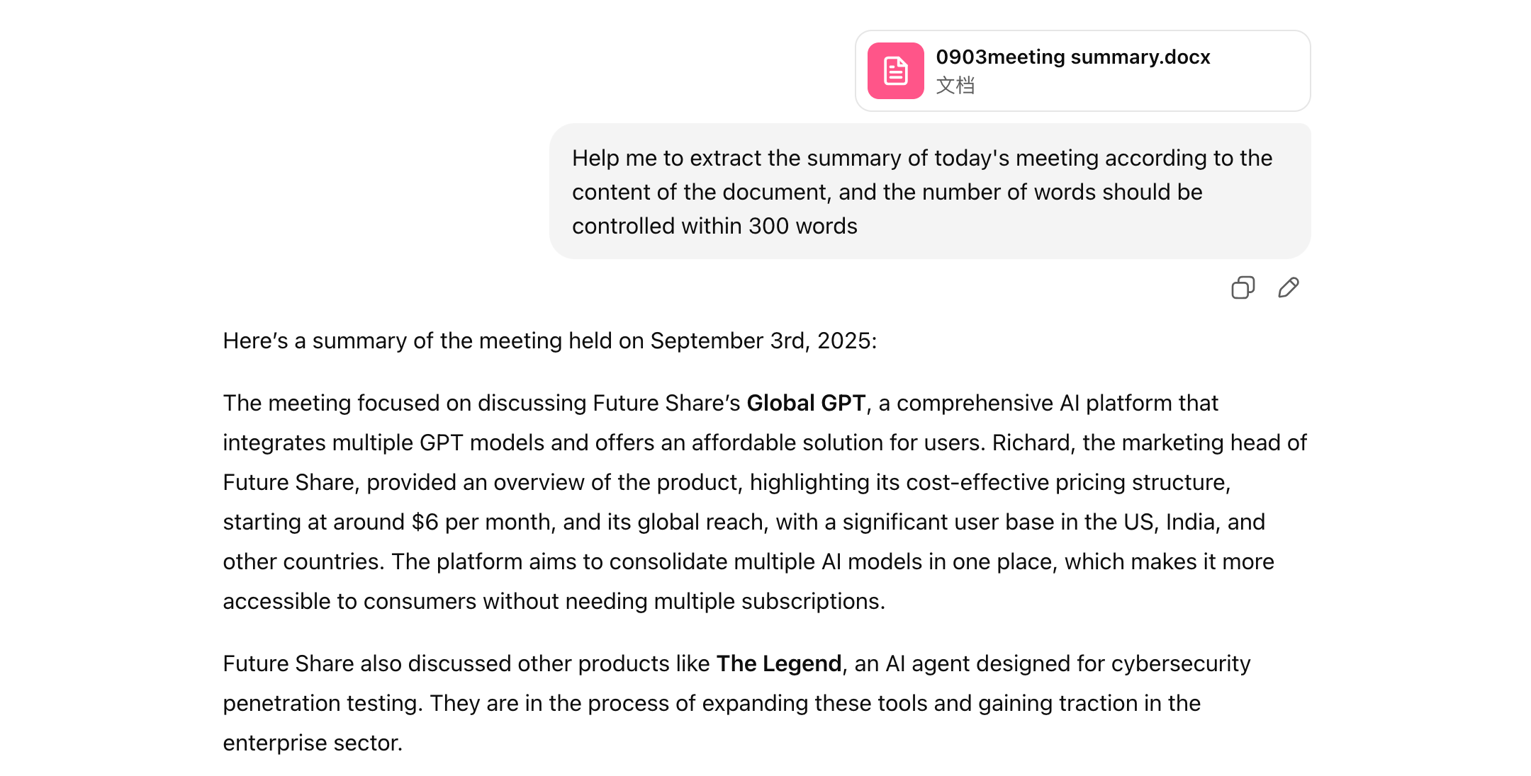 Step 6: ChatGPT will read the document and give you a concise meeting summary based on your word limit.