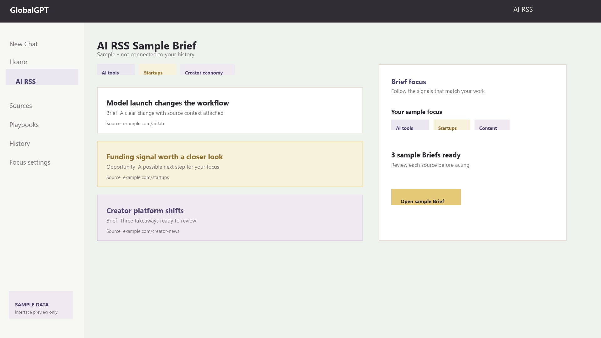 Sample AI RSS Brief workspace with populated cards