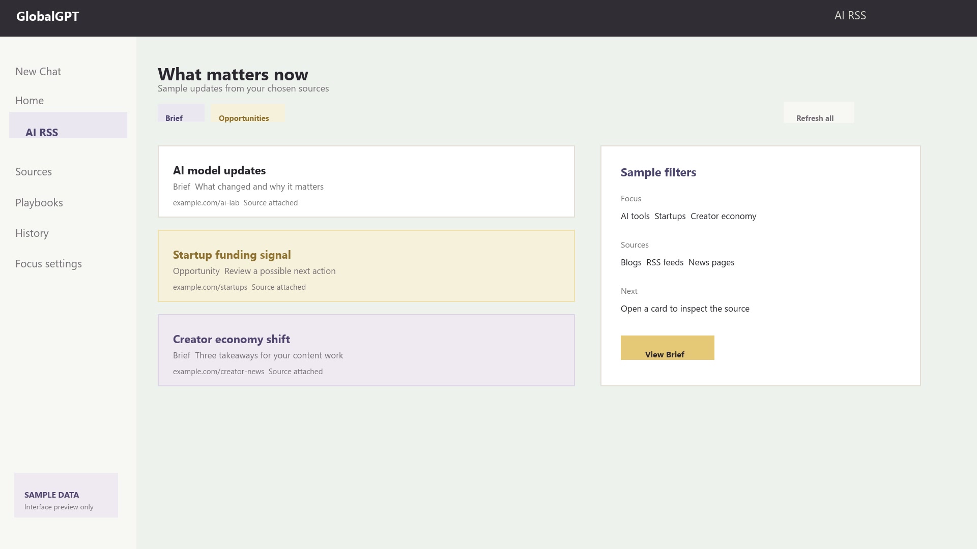 Sample AI RSS feed with populated Brief detail
