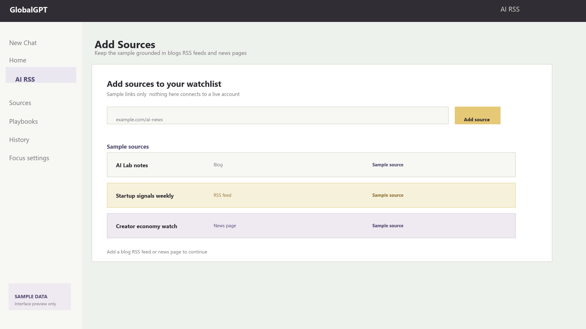 Sample AI RSS Add Sources dialog with populated source rows