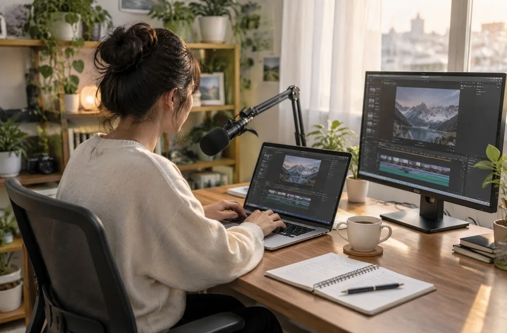 A creator at a home desk editing video on a laptop with a second monitor and a microphone