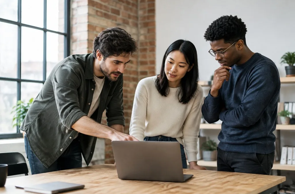 Three colleagues standing around a laptop in a small studio office, one pointing at the screen